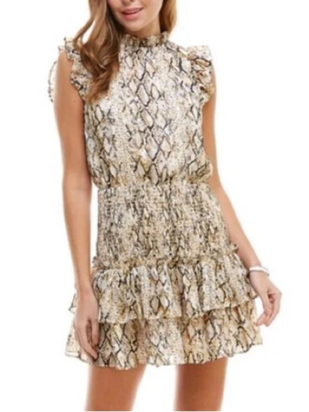 TCEC Snake Print Mini Dress Cream Multi Ruffle Sleeve Smocked Waistβ Size Medium